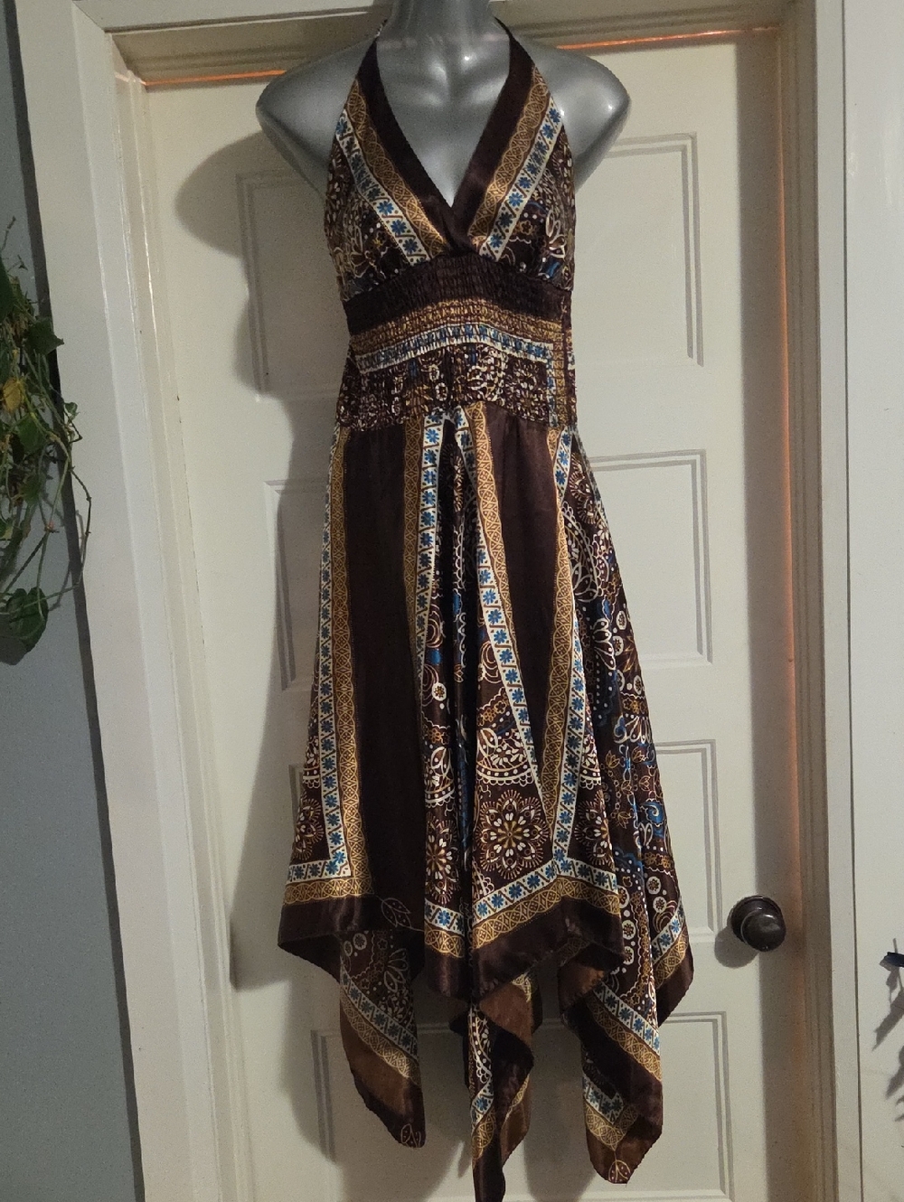 Va VA VOOM Brown Halter Handkerchief Hem Dress with Blue Accents